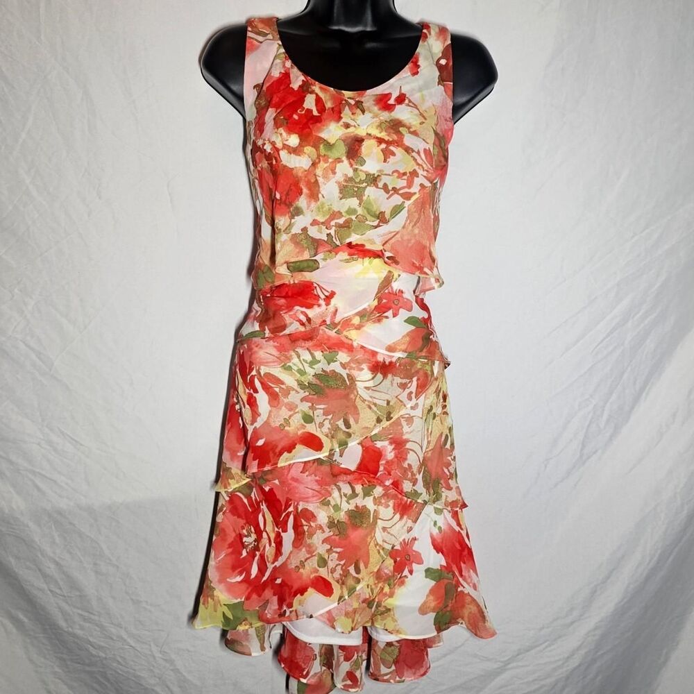 red orange white floral ruffle tiered whimsical fairy y2k vtg midi dress